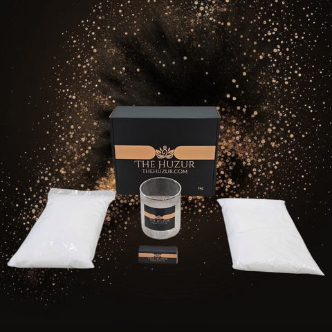 Huzur Sand Wax Candle Set – 1kg Pearled Wax, 40 Wicks & Glass Jar in Gift Box